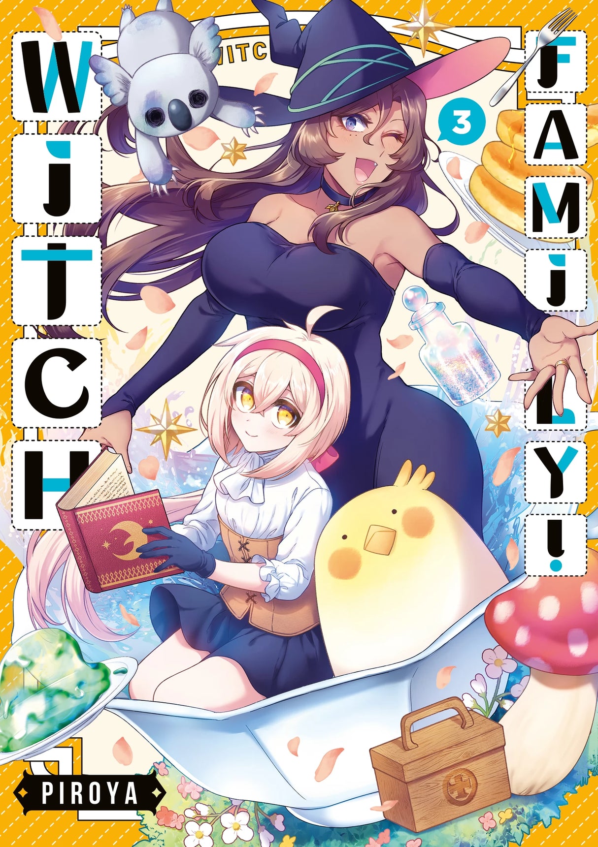 Witch Family! Tome 3 : la sorcière brune en robe moulante violette fait un clin d’œil tandis que l’apprentie blonde lit un grimoire, entourées d’un petit oiseau jaune rond, d’un koala volant, d’une potion scintillante et de pancakes appétissants.