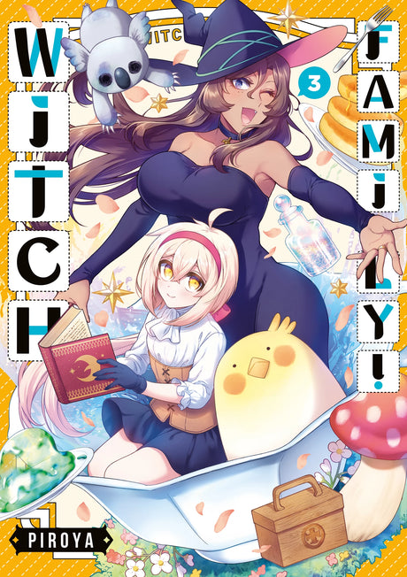 Witch Family! Tome 3 : la sorcière brune en robe moulante violette fait un clin d’œil tandis que l’apprentie blonde lit un grimoire, entourées d’un petit oiseau jaune rond, d’un koala volant, d’une potion scintillante et de pancakes appétissants.