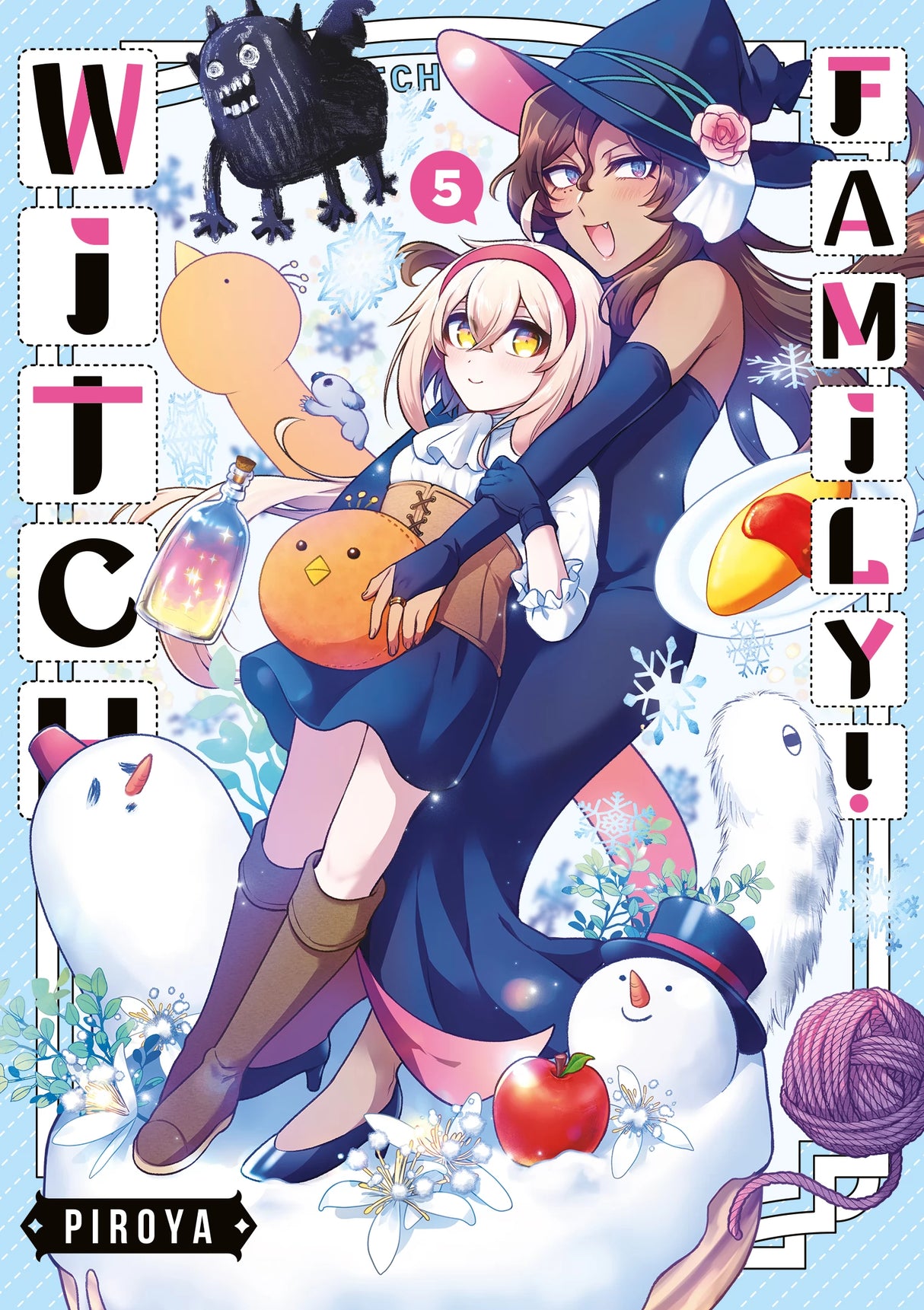 Witch Family! Tome 5 : les deux sorcières sont enlacées sur un fond enneigé. Autour d’elles : bonshommes de neige, flocons, pommes rouges et créatures adorables, dans une ambiance hivernale magique.