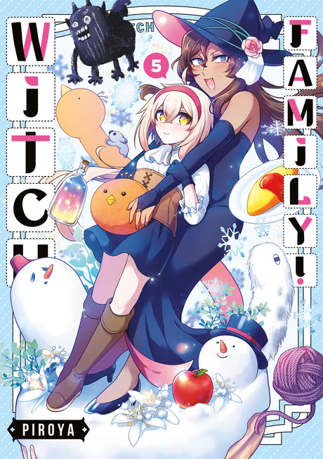 Witch Family! Tome 5 : les deux sorcières sont enlacées sur un fond enneigé. Autour d’elles : bonshommes de neige, flocons, pommes rouges et créatures adorables, dans une ambiance hivernale magique.