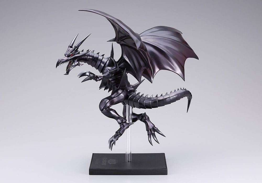Figurine Yu-Gi-Oh! Oshi Works Dragon Noir aux Yeux Rouges de 24 cm, dragon noir aux ailes déployées sur socle transparent.