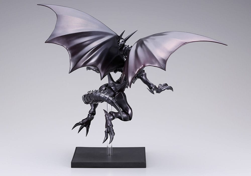 Figurine Yu-Gi-Oh! Oshi Works Dragon Noir aux Yeux Rouges de 24 cm, dragon noir aux ailes déployées sur socle transparent.