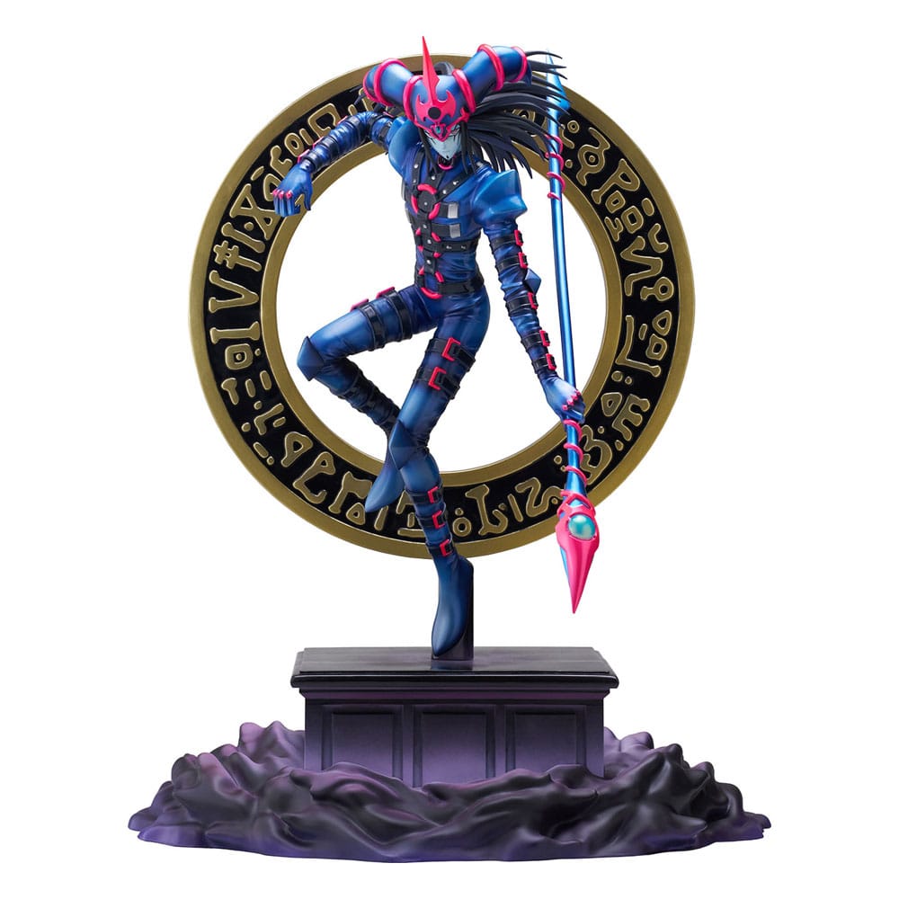 Figurine Dark Magician of Chaos de Yu-Gi-Oh! sur socle avec cercle magique.