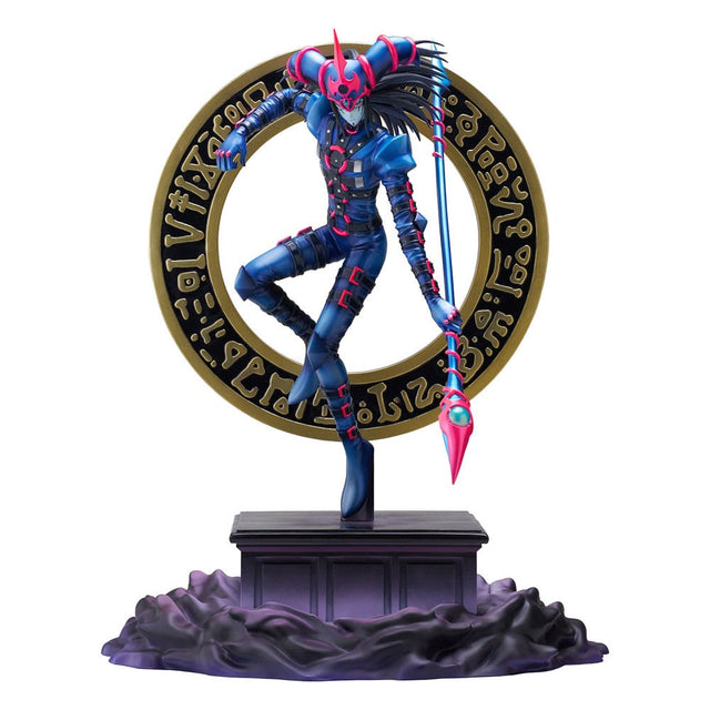 Figurine Dark Magician of Chaos de Yu-Gi-Oh! sur socle avec cercle magique.