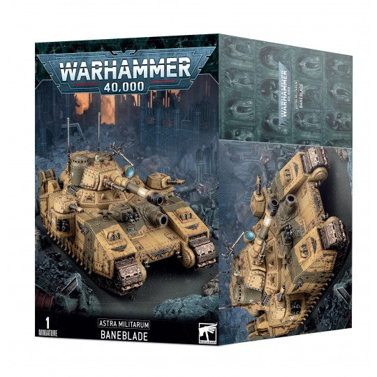 Boîte Warhammer 40,000 Astra Militarum Baneblade avec illustration d’un char super-lourd beige sur champ de bataille.
