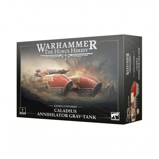 Boîte Warhammer The Horus Heresy Legio Custodes Caladius Annihilator Grav-Tank avec char antigrav rouge et doré sur champ de bataille.