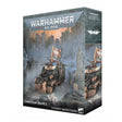Boîte Warhammer 40,000 Astra Militarum Commissaire Graves avec véhicule blindé noir et personnages sur champ de bataille urbain.