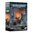 Boîte Warhammer 40,000 Astra Militarum Commissaire Yarrick avec figurine armée dans un décor de ruines urbaines.
