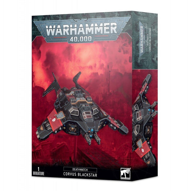 Boîte Warhammer 40,000 Deathwatch Corvus Blackstar contenant 1 figurine Citadel d’aéronef noir et rouge pour armée Deathwatch.