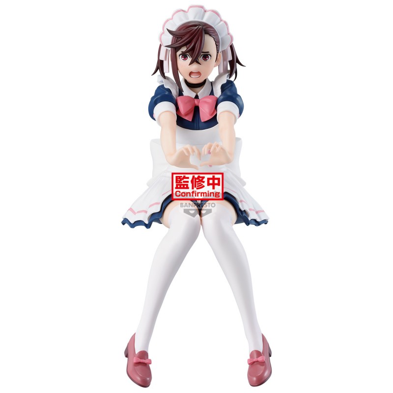 Figurine Dandadan Glitter & Glamours Momo par Banpresto, représentant Momo en tenue de maid bleue et blanche avec nœud rose, bas blancs et bras tendus vers l’avant.