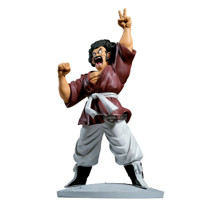 Figurine Dragon Ball Z History Box Mr. Satan par Banpresto, représentant le personnage en kimono bordeaux avec poing levé et signe de victoire.