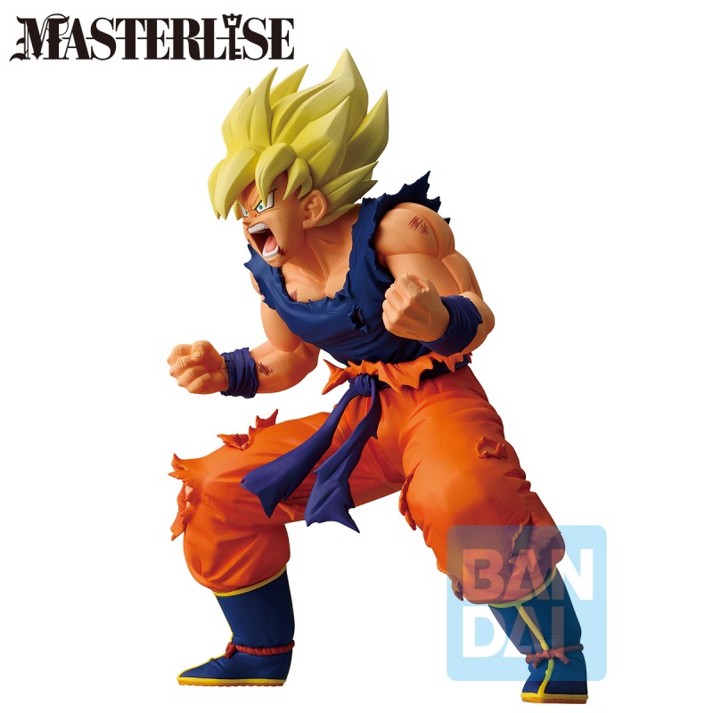 Figurine Bandai Ichibansho Super Saiyan Son Goku en tenue orange déchirée, en posture de combat sur fond blanc.