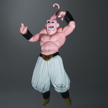 Figurine Dragon Ball Z Match Makers Majin Buu par Banpresto en posture d’attaque avec pantalon blanc et bracelets noirs.