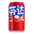 Canette rouge Fanta Lychee 330 ml avec visuel de litchi et grands caractères blancs et bleus sur fond rouge.