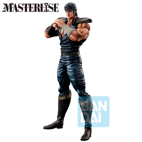 Figurine Fist of the North Star Ichibansho Masterlise Kenshiro par Bandai, représentant Kenshiro en tenue noire, bras musclés et mains jointes en posture de combat.