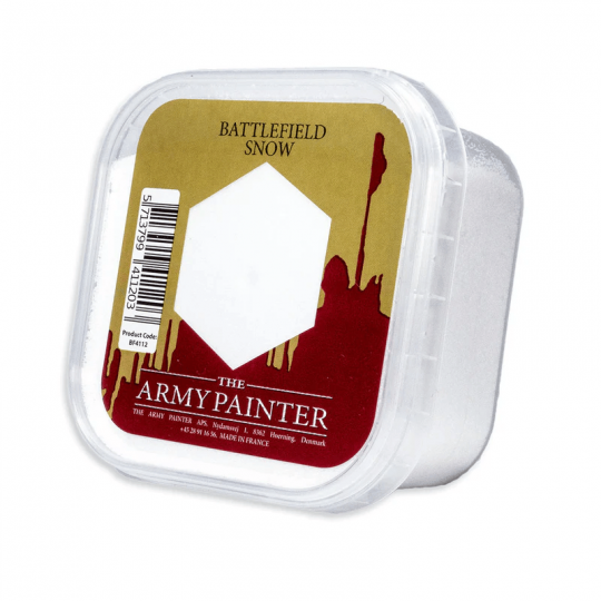 Boîte de flocage blanc Battlefield Snow de The Army Painter, pour décors enneigés et socles hivernaux.