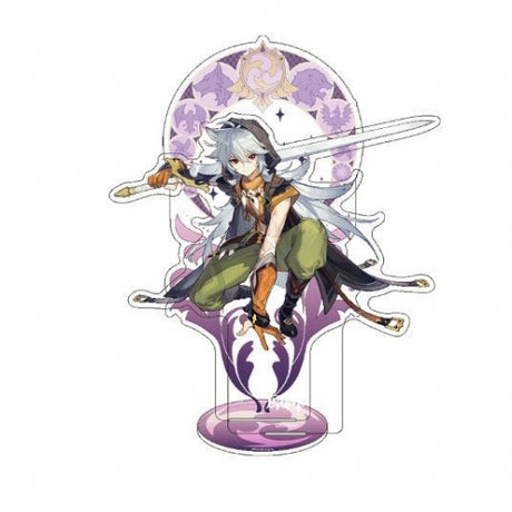 Figurine acrylique de Razor, personnage de Genshin Impact, en pose dynamique avec fond violet représentant l’élément Électro