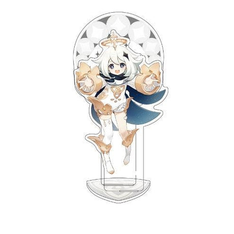 Figurine acrylique de Paimon, personnage de Genshin Impact, en style chibi avec fond blanc étoilé