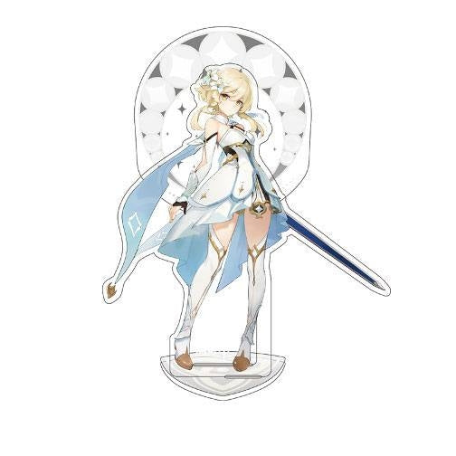 Figurine acrylique de Lumine, héroïne de Genshin Impact, en pose héroïque avec une épée et un fond blanc stylisé