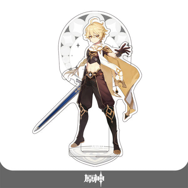 Figurine acrylique d’Aether, protagoniste masculin de Genshin Impact, avec une épée et un fond étoilé blanc