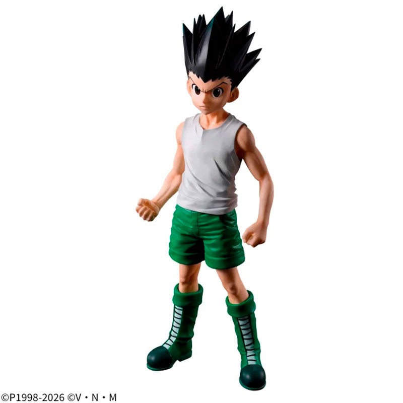 Figurine Hunter x Hunter Grandista Gon Freecss par Banpresto, représentant Gon en débardeur blanc, short vert, bottes vertes et poings serrés en posture déterminée.