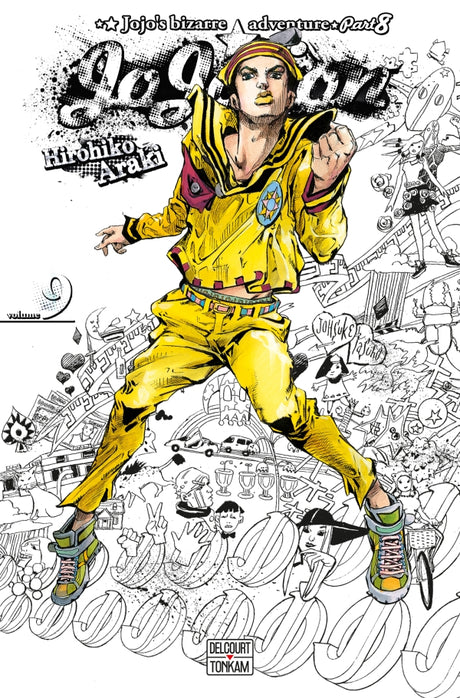 Jaquette du manga Jojolion - JoJo's Bizarre Adventure Part 8, avec Josuke Higashikata en tenue stylisée, sur un fond coloré et psychédélique typique d’Hirohiko Araki.