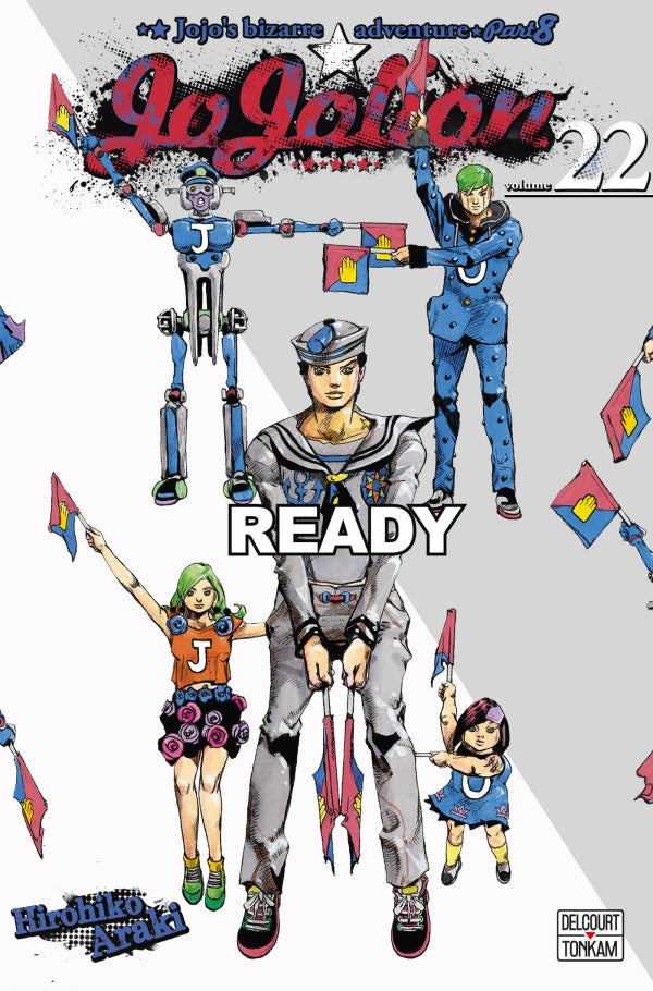 Jaquette du manga Jojolion - JoJo's Bizarre Adventure Part 8, avec Josuke Higashikata en tenue stylisée, sur un fond coloré et psychédélique typique d’Hirohiko Araki.