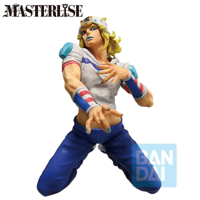 Figurine JoJo’s Bizarre Adventure Ichibansho Masterlise Johnny Joestar Steel Ball Run par Bandai, représentant Johnny à genoux avec tenue blanche et bleue et bandeau étoilé.