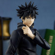 Figurine Megumi Fushiguro de Jujutsu Kaisen, collection Pop Up Parade par Good Smile Company, en uniforme noir avec cheveux en bataille, sur socle transparent.