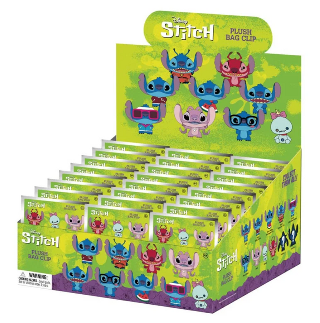 sachets mystères Stitch Plush Bag Clip, avec plusieurs versions peluche de Stitch et ses amis sur fond vert et violet, mettant en avant une collection à découvrir.