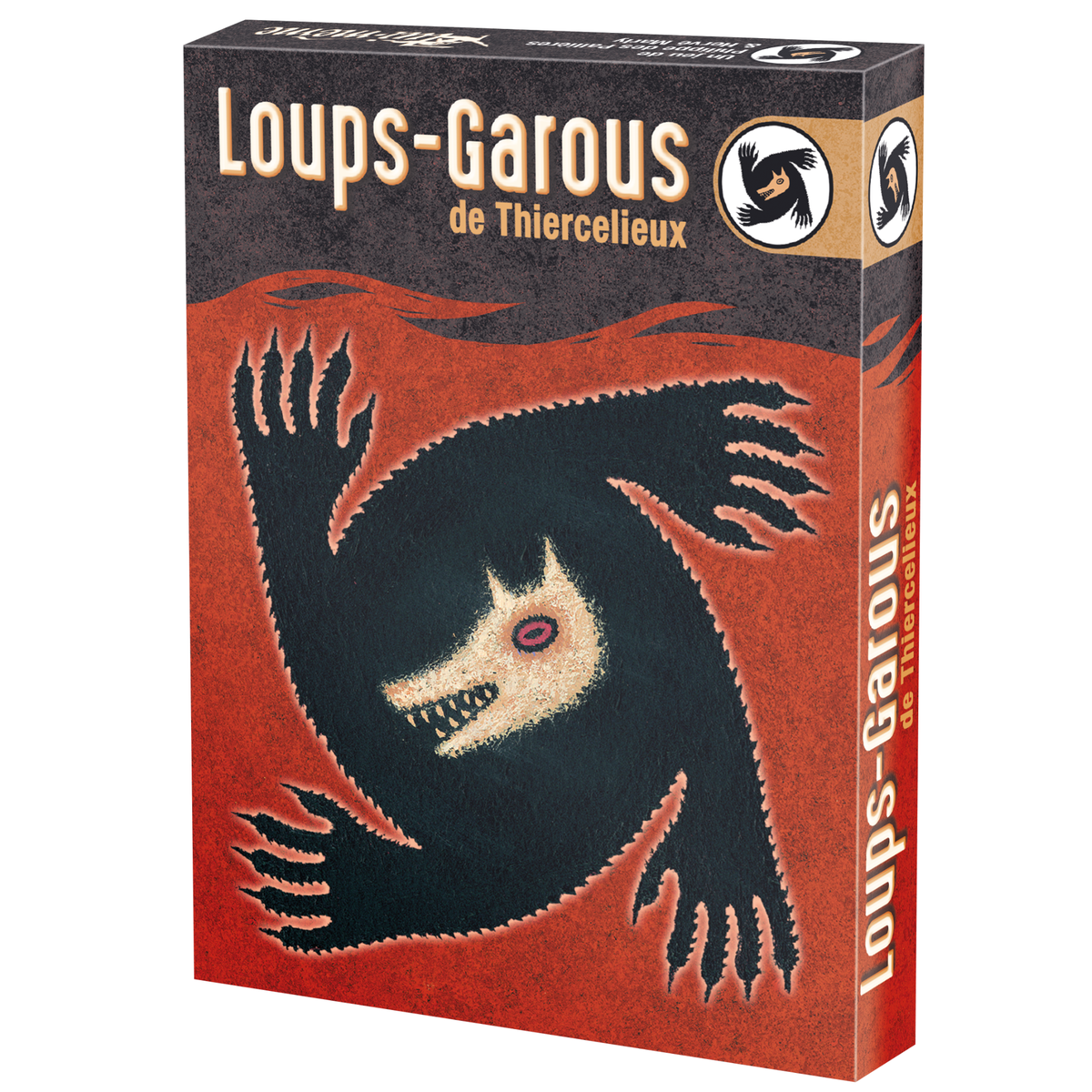Boîte du jeu Loups-Garous de Thiercelieux avec illustration sombre d’un loup-garou noir sur fond rouge.