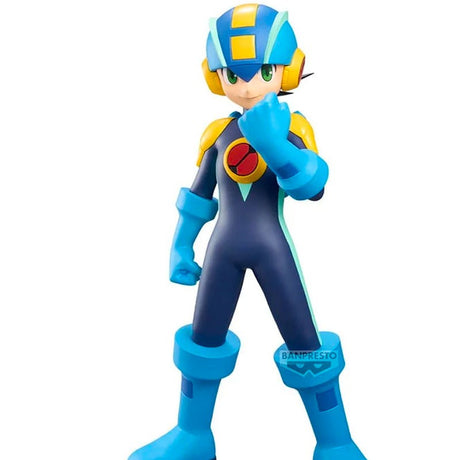 Figurine Mega Man Grandista Rockman.EXE par Banpresto, représentant Rockman.EXE en armure bleue et jaune avec casque futuriste et posture déterminée.