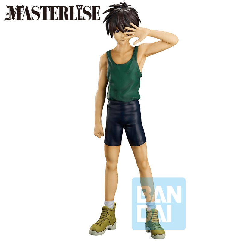 Figurine Bandai Ichibansho Heero Yuy 30th Anniversary, personnage en débardeur vert et short noir sur fond blanc.