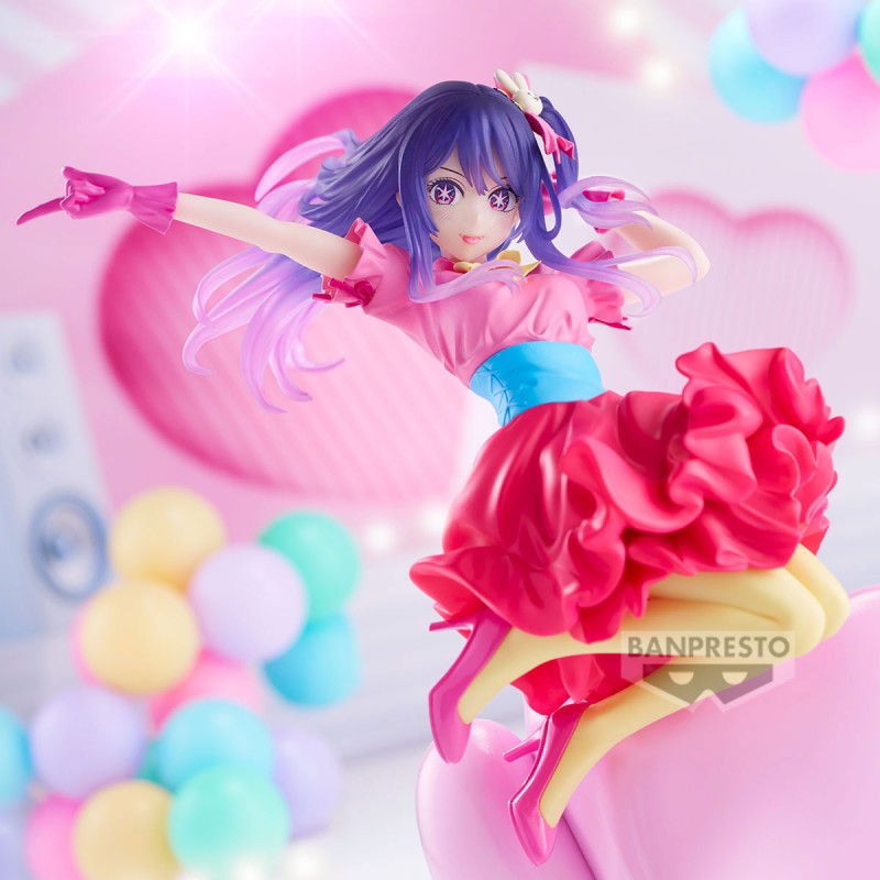 Figurine Oshi no Ko ESPRESTO Poppin’ Heart Ai par Banpresto, représentant Ai Hoshino en robe rose dynamique avec cheveux violets, yeux étoilés et décor pop coloré.