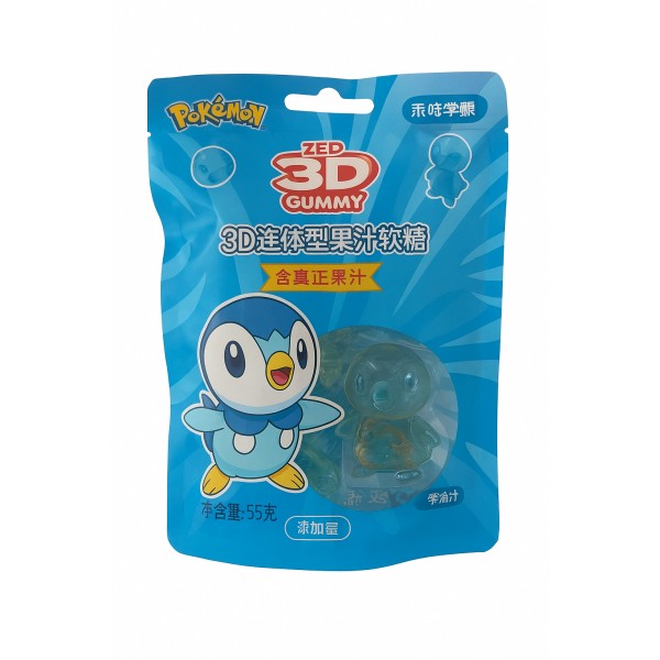Bonbons Pokémon 3D Gummies Piplup saveur raisin – sachet bleu de 55 g.