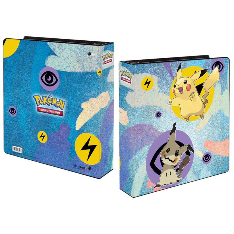Classeur Pokémon Ultra Pro – Pikachu et Mimiqui sur fond coloré avec symboles Électrik et Psy