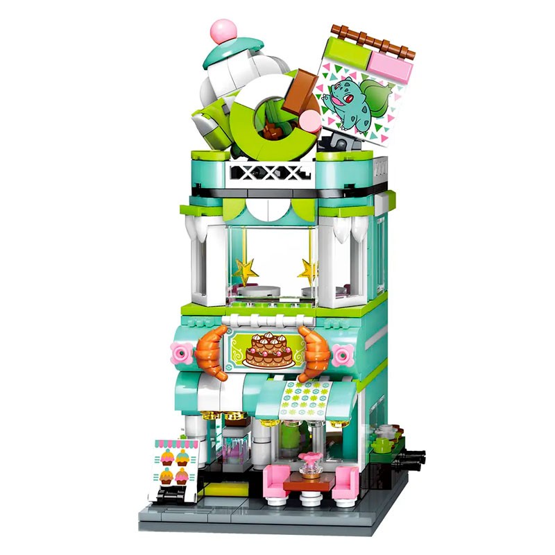 Set de construction Pokémon Keeppley Bulbasaur Dessert House, boutique de desserts en briques vertes et turquoise avec vitrines transparentes, enseigne Bulbizarre, pâtisseries et décor kawaii.