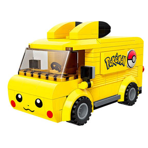 Set de construction Pokémon Keeppley Pikachu Mini Bus, véhicule jaune en briques avec visage de Pikachu, oreilles sur le toit et logo Pokémon sur le côté.