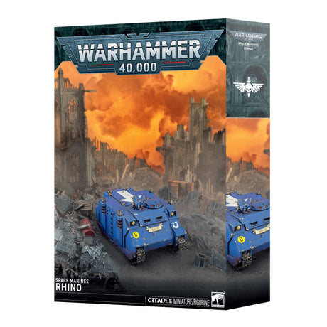 Boîte Warhammer 40,000 Space Marines Rhino contenant 1 figurine Citadel de véhicule blindé bleu à chenilles pour armée Space Marines.