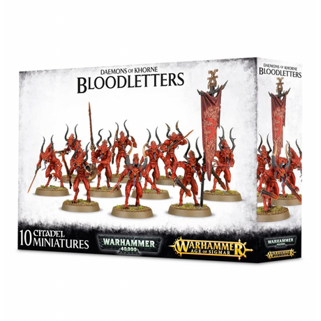 Boîte Warhammer Daemons of Khorne Bloodletters avec 10 figurines démoniaques rouges armées de lames et bannière de Khorne.