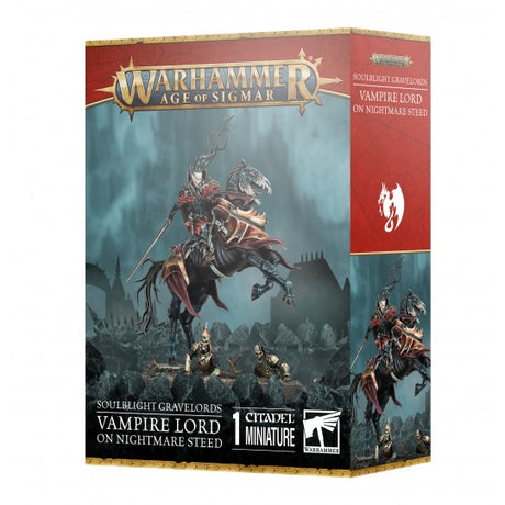 Boîte Warhammer Age of Sigmar Soulblight Gravelords Seigneur Vampire sur Coursier Cauchemar avec cavalier vampire sur monture sombre.