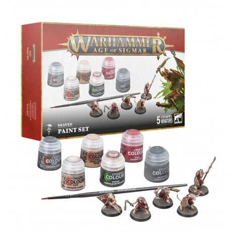 Boîte Warhammer Age of Sigmar Set de Peinture Skaven avec figurines, pots de peinture Citadel Colour et pinceau sur fond blanc.