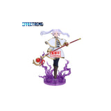 Figurine Frieren: Beyond Journey’s End Effectreme Frieren par Banpresto, représentant Frieren avec bâton, tenue blanche et dorée, cheveux argentés et effets magiques violets.