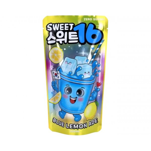 Pochette de boisson Sweet 16 Blue Lemon Ade 200 ml sans sucre, avec illustration colorée de citron, glaçons et boisson bleue.