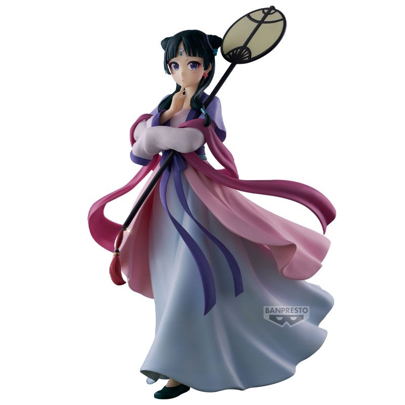 Figurine The Apothecary Diaries Maomao Moon Fairy Ver. par Banpresto, représentant Maomao en tenue blanche, rose et violette avec éventail, dans une ambiance nocturne.