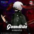 Figurine Tokyo Ghoul Grandista Ken Kaneki par Banpresto, personnage aux cheveux blancs en tenue noire avec masque de goule et kagune rouges déployés.
