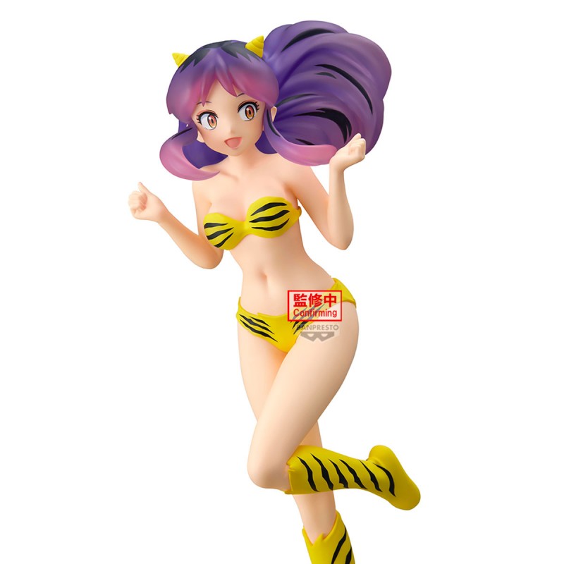 Figurine Urusei Yatsura Glitter & Glamours Lum Sparkle par Banpresto avec cheveux violets et tenue tigrée jaune.