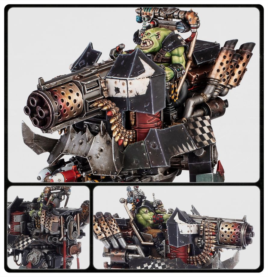 Figurine Warhammer 40,000 Orks Mékadakka de Gros Mek, véhicule de guerre ork surarmé avec blindage, canons et pilote Gros Mek sur socle décoré.