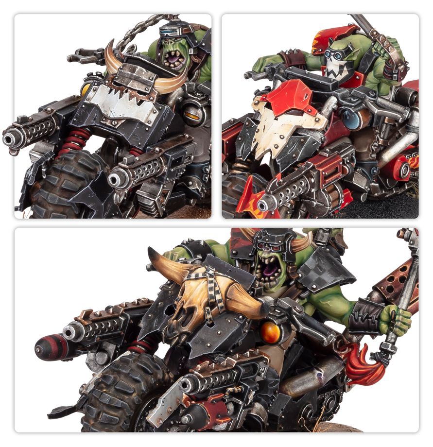 Boîte Warhammer 40,000 Orks Warbikers Motards de Guerre contenant 3 figurines Citadel de motards orks sur motos armées.