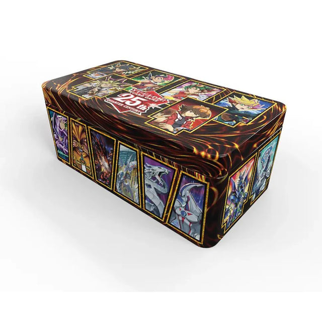 Boîte collector Yu-Gi-Oh! Tin 2023 25e Anniversaire avec illustrations de personnages et monstres iconiques.